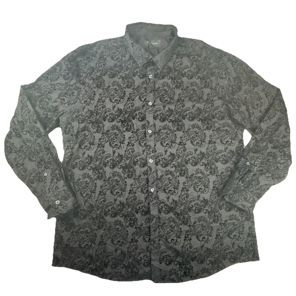 INC Mens Shirt XXL Black Paisley Flocked Velvet Long Sleeve Clubwear Button Down